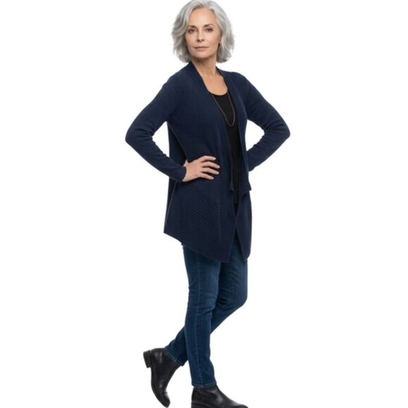Eileen Fisher Sweaters - Eileen Fisher XL Blue Ribbed Open Front Asymmetrical Merino Wool Sweater EUC